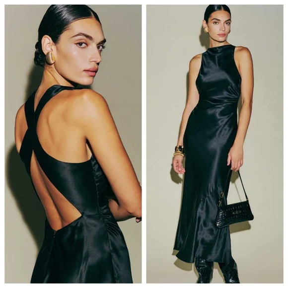 Reformation Casette silk dress black midi open back size 2 - with tags - Picture 1 of 10